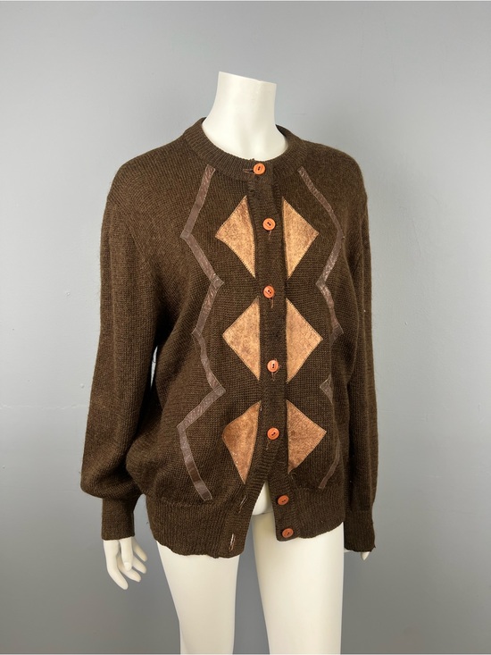 Sweaters - Knit Cardigan with Brown Geometric Faux Leather Appliqués